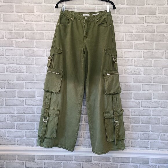 Forever 21 Cypress Cargo Denim Pants Wide Leg Ombre Green Pockets 25 Streetwear - Picture 1 of 10